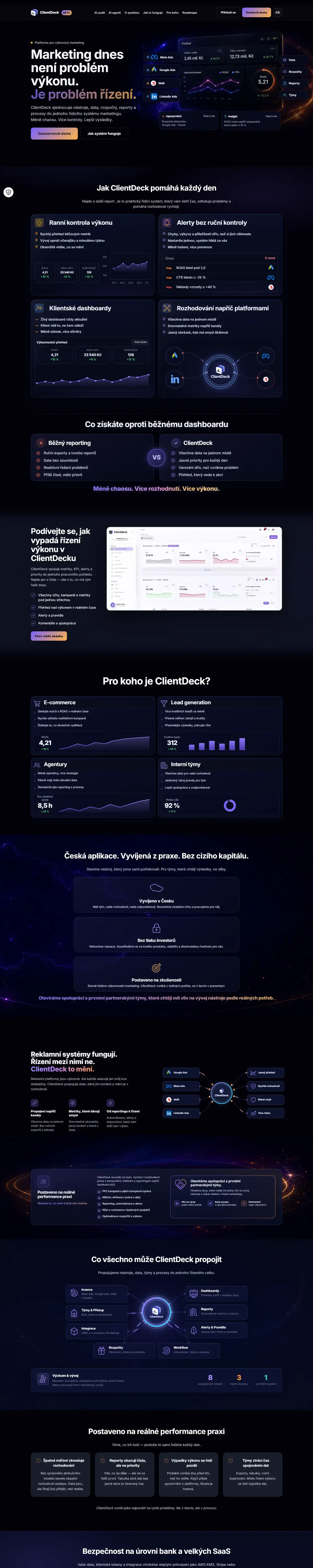 ClientDeck: systém pro řízení kampaní, celá úvodní stránka