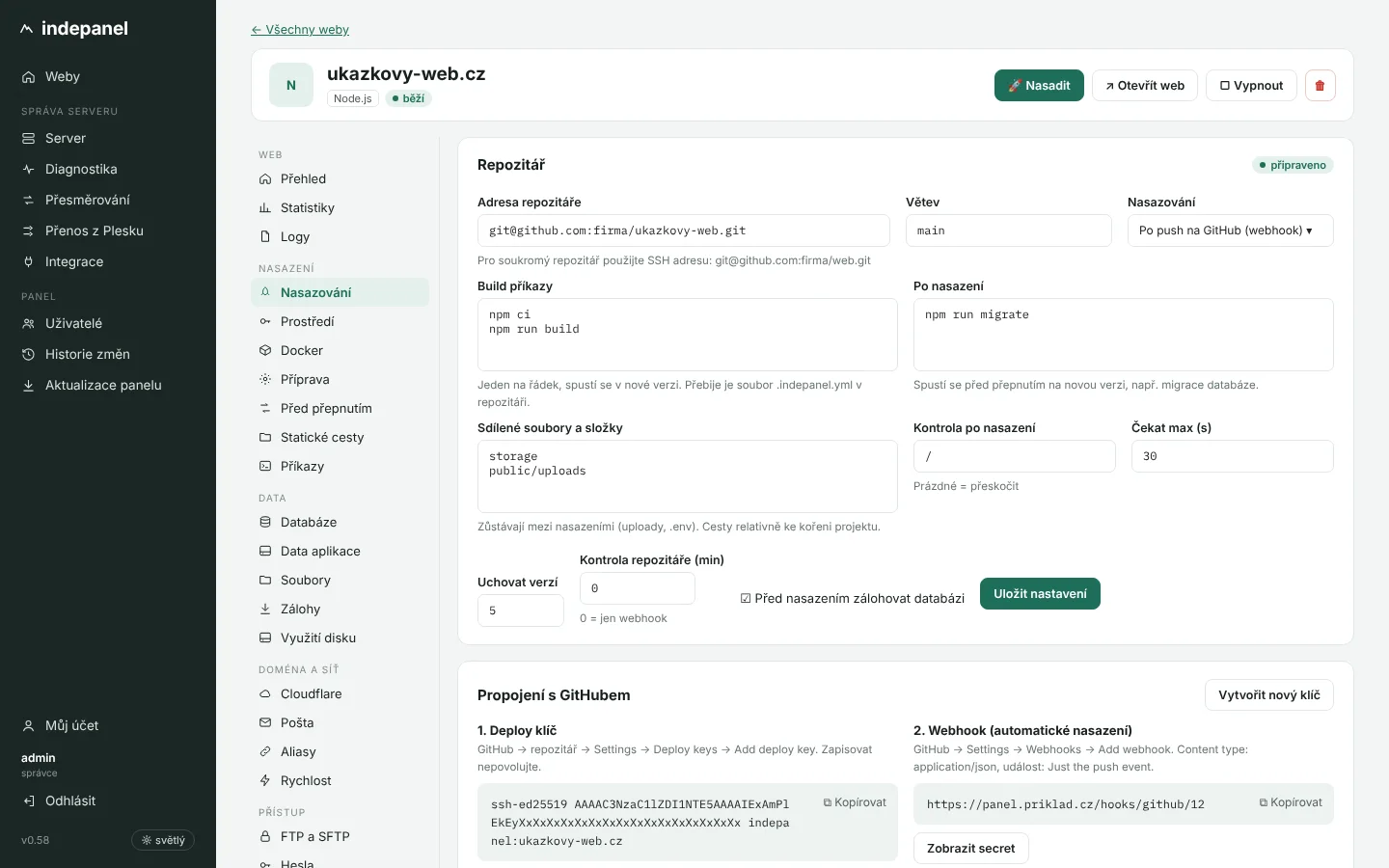 Nasazování: repozitář, build příkazy, deploy klíč a webhook, historie nasazení a návrat na starší verzi