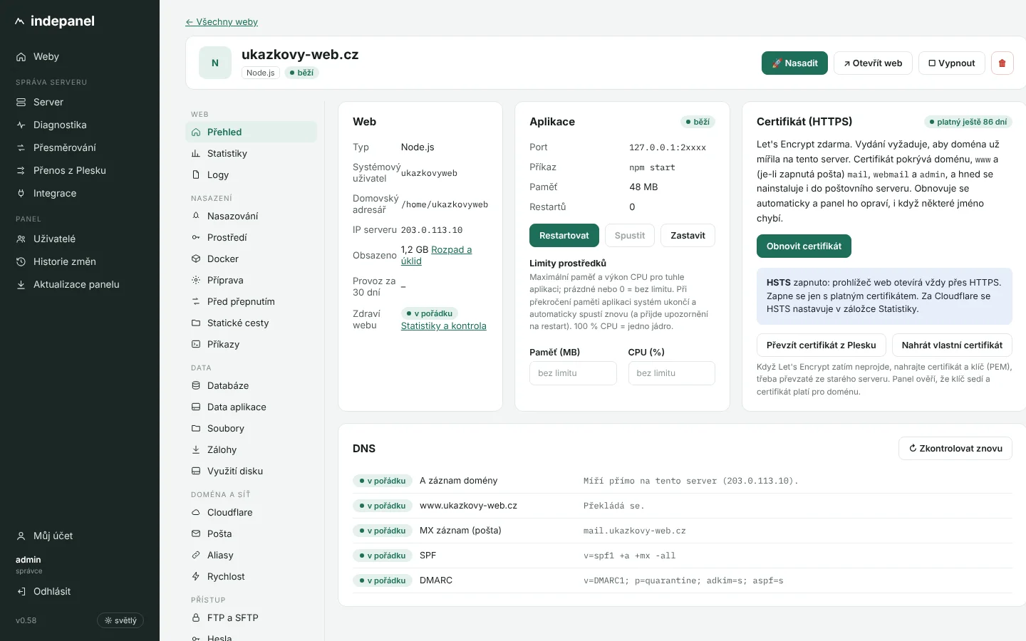 Přehled webu: aplikace, limity prostředků, certifikát a kontrola DNS
