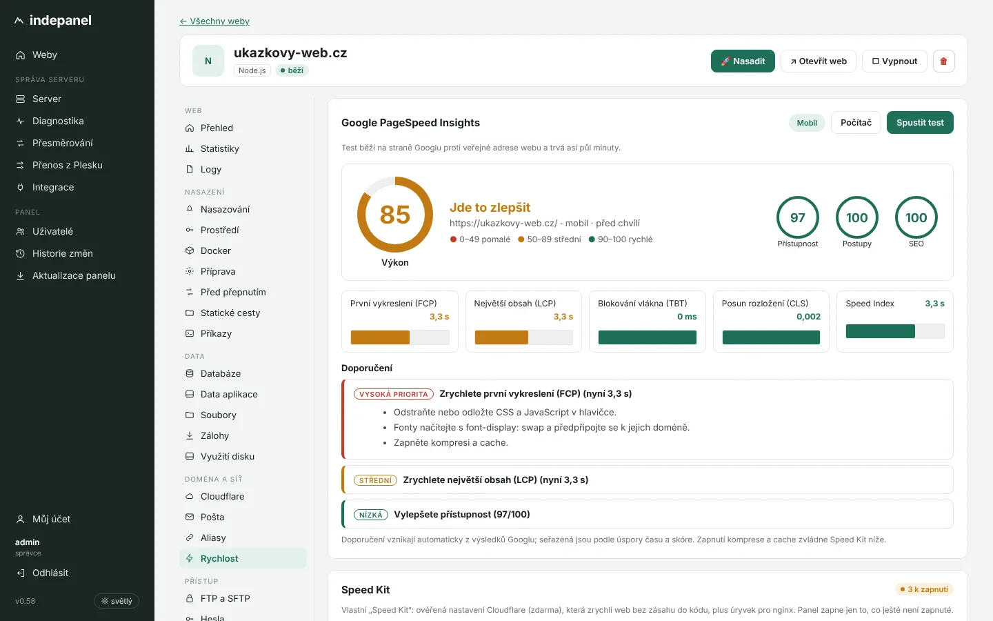 Rychlost: Google PageSpeed s doporučeními a Speed Kit s nastavením Cloudflare